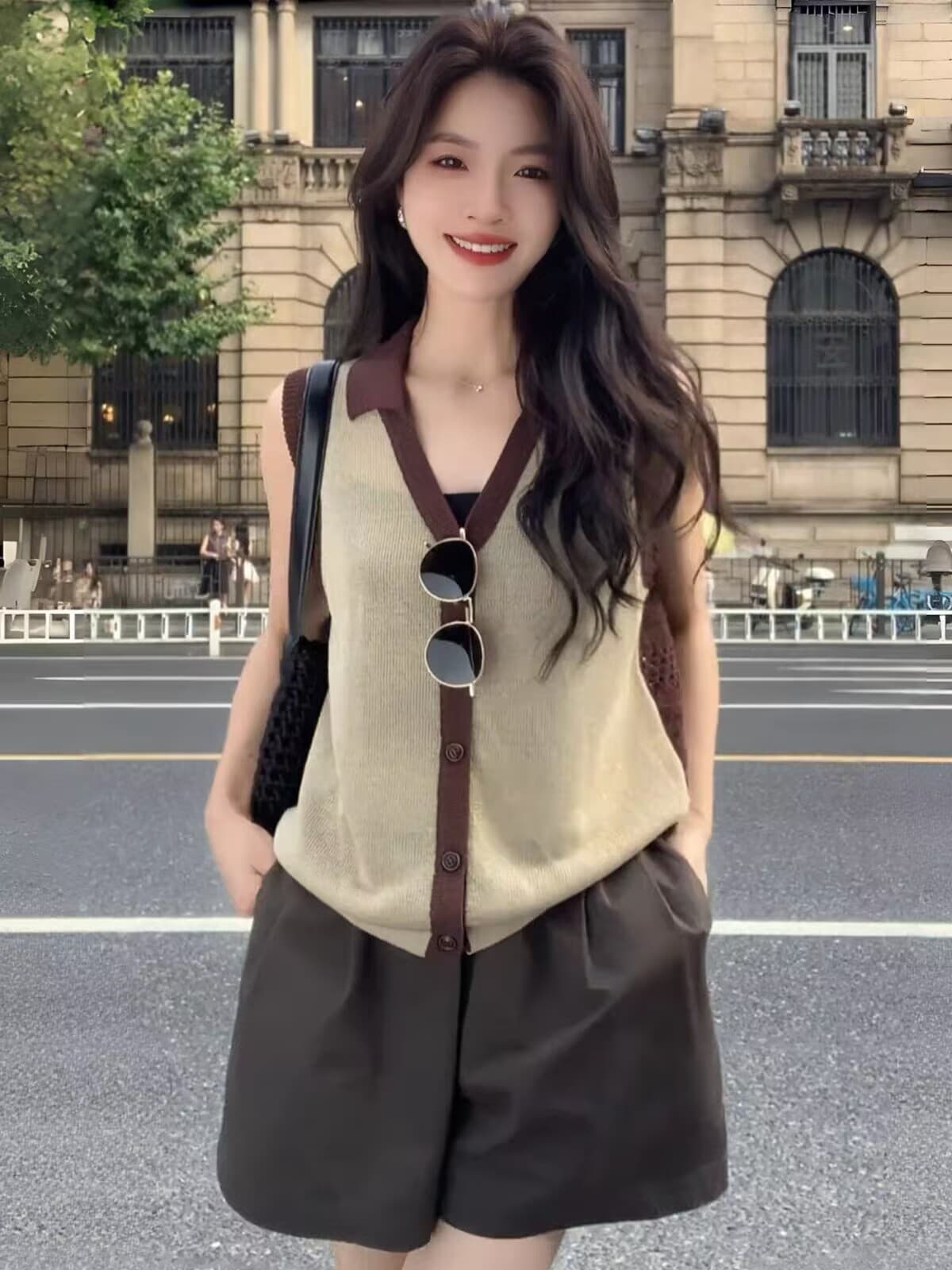 슈퍼 잘 생긴 긍정적 인 어깨 라운드 넥 반팔 티셔츠 여성 여름 새로운 패션 외국 가스 루즈핏 슬림해 보이는 다용도 바지 세트 상세 이미지 10