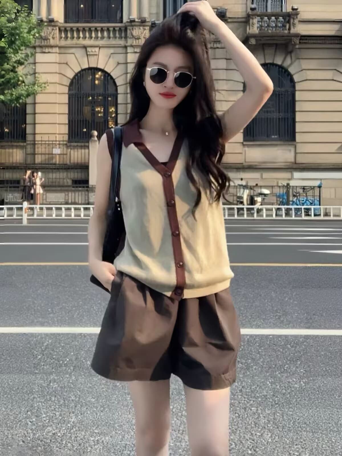 슈퍼 잘 생긴 긍정적 인 어깨 라운드 넥 반팔 티셔츠 여성 여름 새로운 패션 외국 가스 루즈핏 슬림해 보이는 다용도 바지 세트 상세 이미지 12