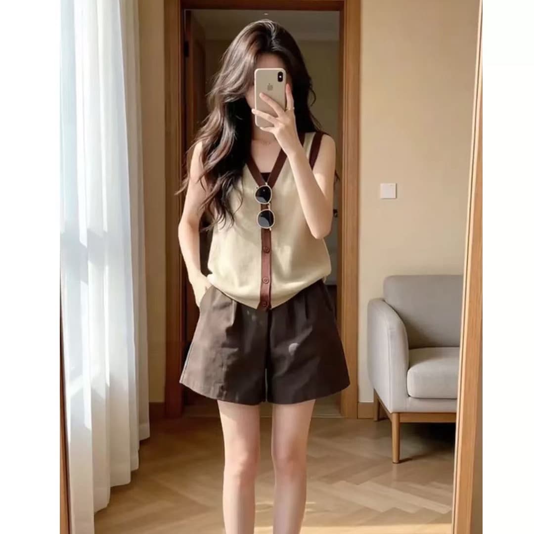 한 부서 디자인 센스 홀로우 아웃 폴로 칼라 민소매 조끼 모방 아마 니트 오픈 가디건 여성 여름 새로운 느긋한 맨위