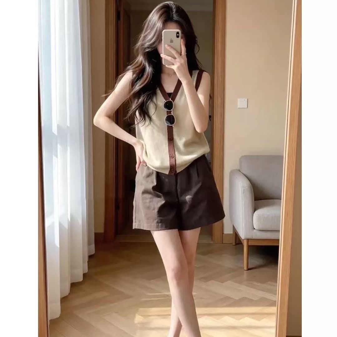 한 부서 디자인 센스 홀로우 아웃 폴로 칼라 민소매 조끼 모방 아마 니트 오픈 가디건 여성 여름 새로운 느긋한 맨위 이미지 5