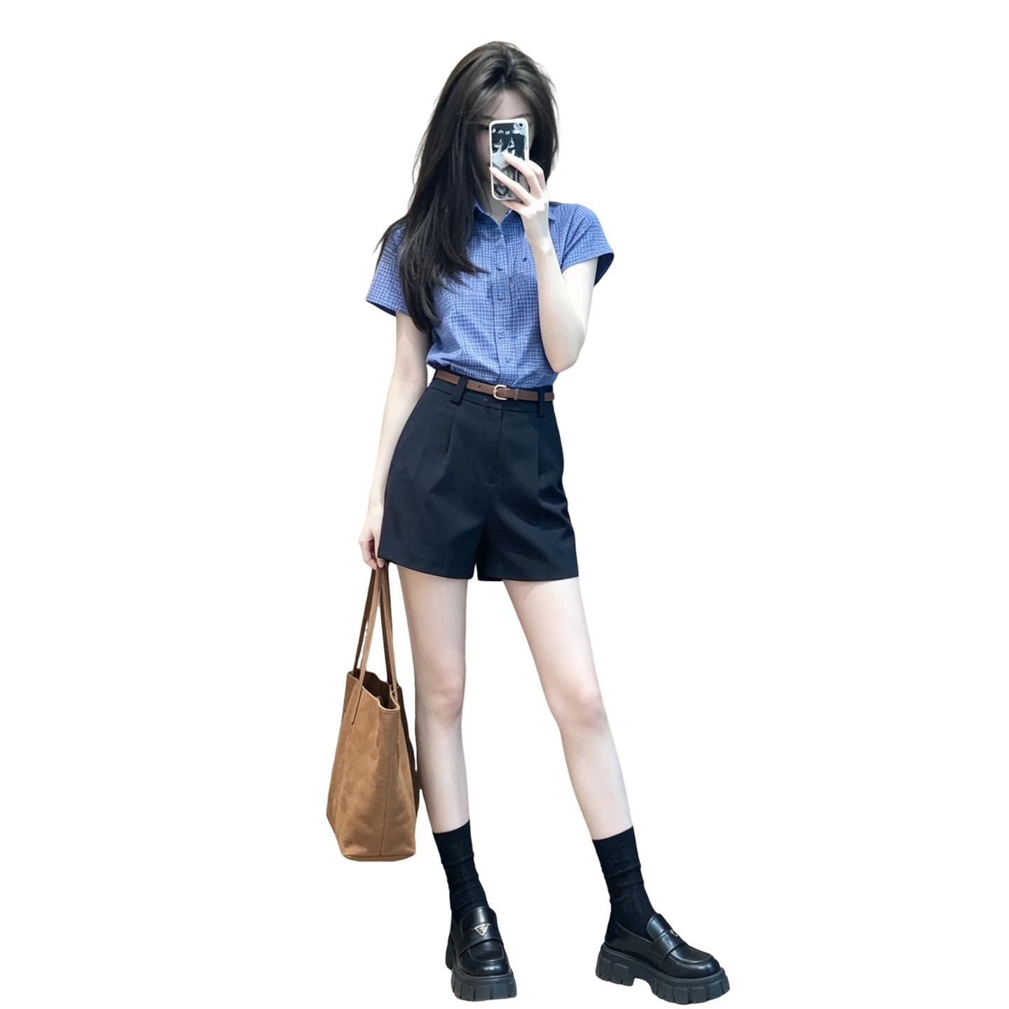 자이언트 잘 생긴 ootd 착용 가져 가라. 전체 집합 2026 새로운 폭발 파란색 반팔 여성 셔츠 여름 반바지 투피스 슈트 이미지 5