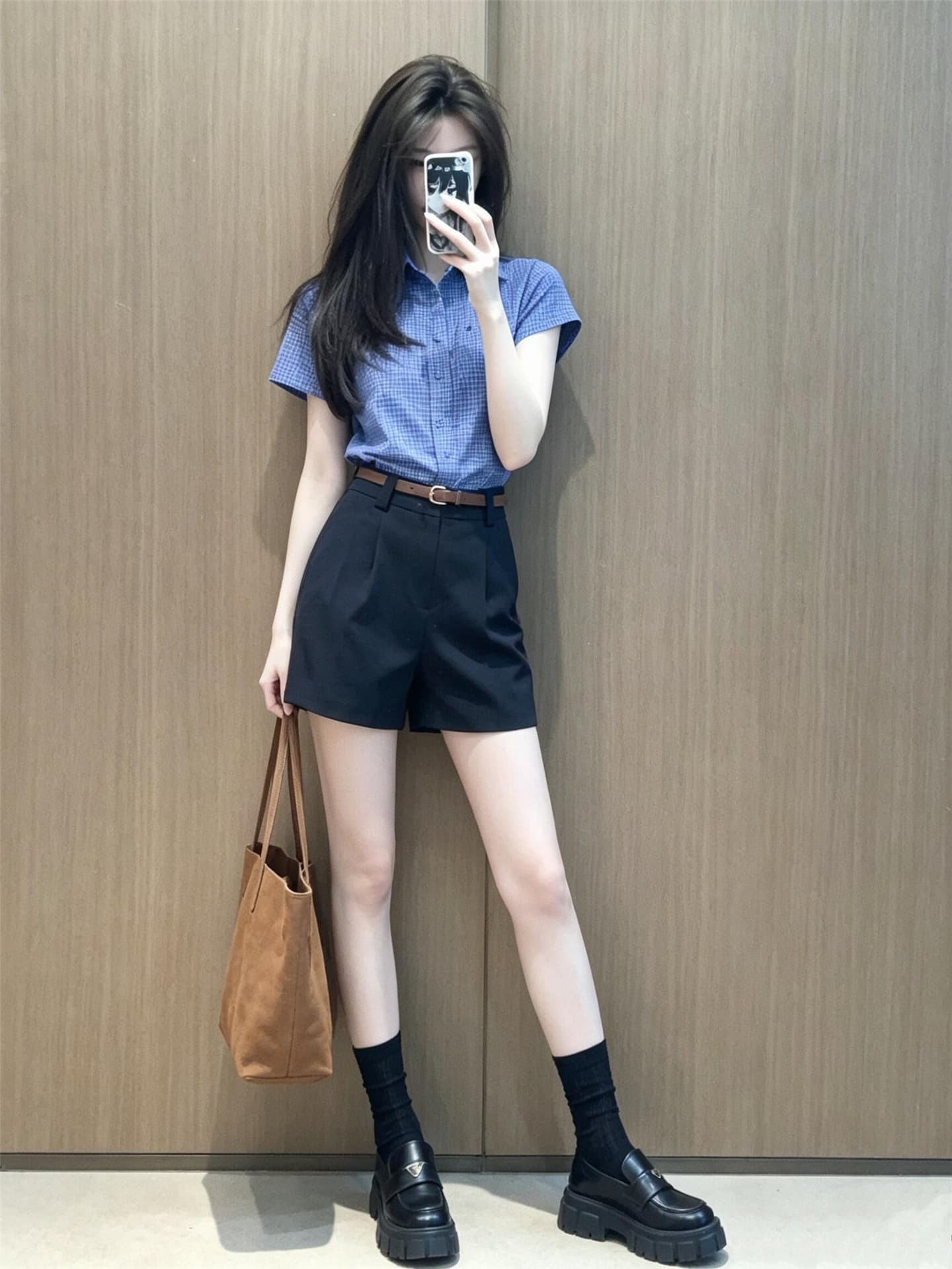 자이언트 잘 생긴 ootd 착용 가져 가라. 전체 집합 2026 새로운 폭발 파란색 반팔 여성 셔츠 여름 반바지 투피스 슈트 상세 이미지 3