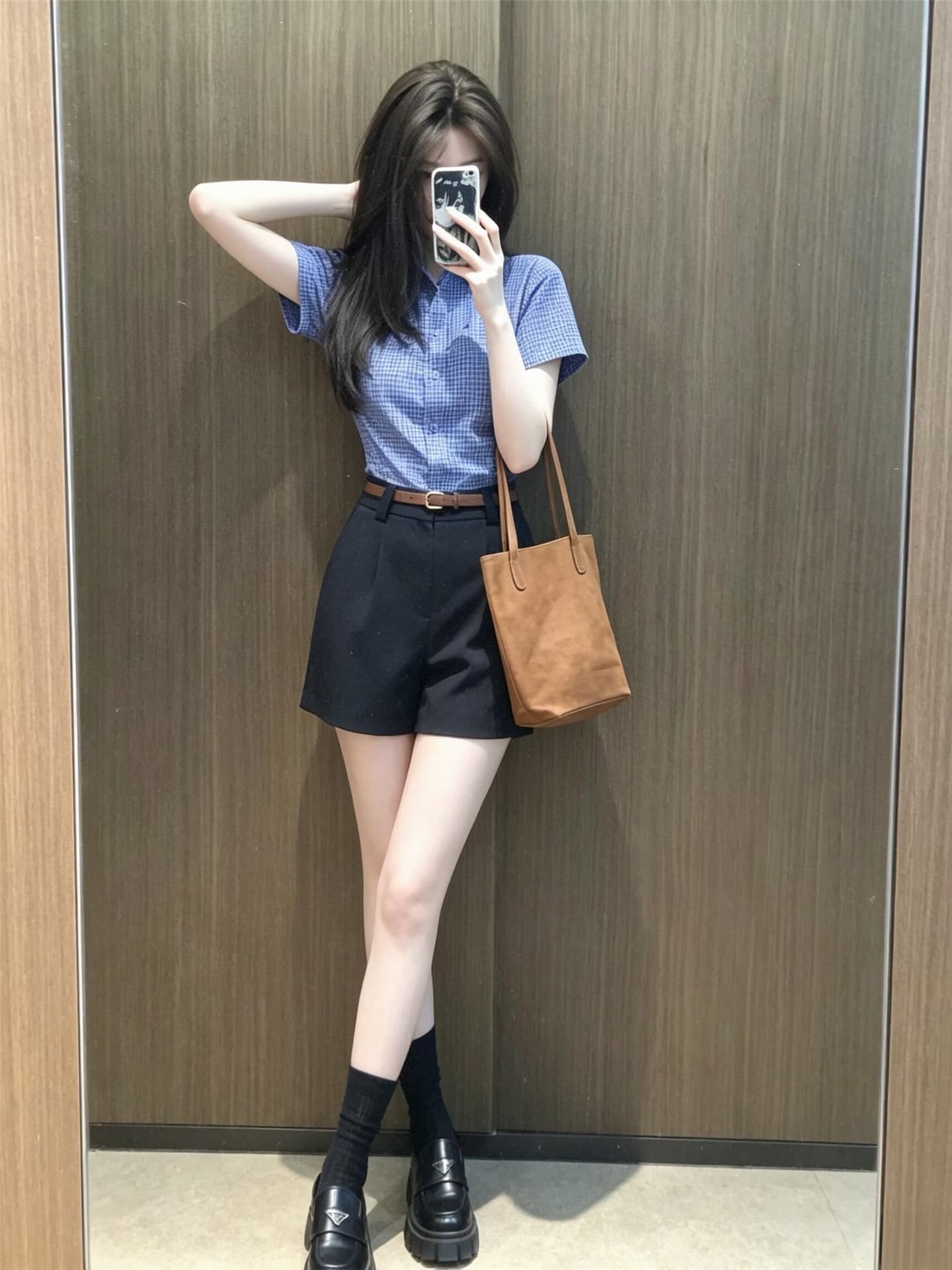 자이언트 잘 생긴 ootd 착용 가져 가라. 전체 집합 2026 새로운 폭발 파란색 반팔 여성 셔츠 여름 반바지 투피스 슈트 상세 이미지 4