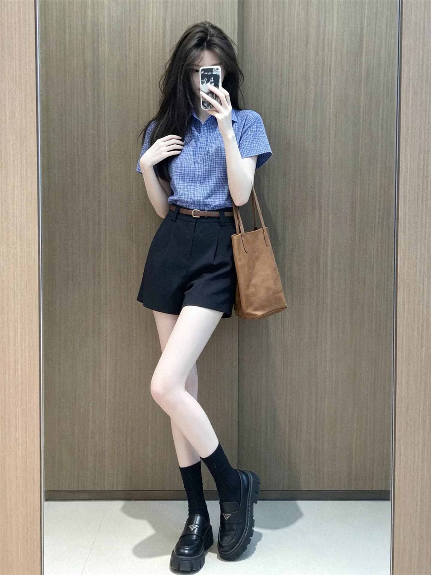 자이언트 잘 생긴 ootd 착용 가져 가라. 전체 집합 2026 새로운 폭발 파란색 반팔 여성 셔츠 여름 반바지 투피스 슈트 상세 이미지 5