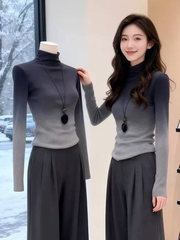 블랙 회색 배색 그라데이션 몸매 가꾸기 인사이드 가져 가라. 긴팔 티셔츠 여성 2026 봄 드레스 한 부서 자이언트 잘 생긴 한 부서 아름다운 맨위 상세 이미지 2