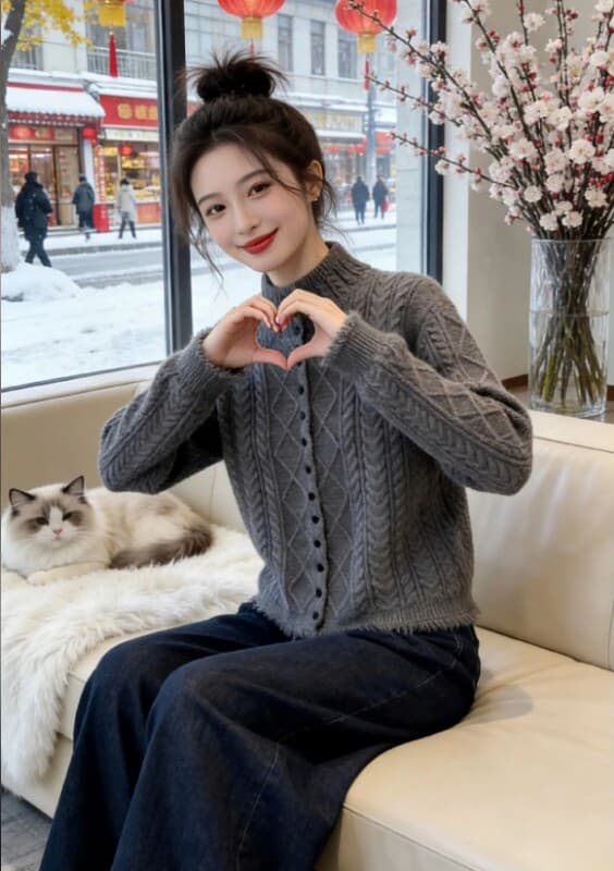 회색 꽈배기 니트 오픈 가디건 여성 2026 가을 새로운 유럽 상품 느긋한 바람 루즈핏 슬림해 보이는 패션 외국 가스 맨위 상세 이미지 3