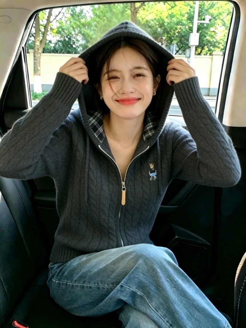 보존 섹션 추천 자수 후드 지퍼 꽈배기 니트 오픈 가디건 여성 가을 겨울 새로운 느긋한 바람 다용도 재킷 상세 이미지 5