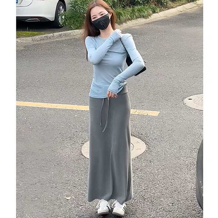 2026 이른 가을 한 부서 전체 집합 ootd 착용 가져 가라. 느긋한 느슨함 센스 패션 긴팔 티셔츠 반신 스커트 투피스 세트 이미지 2