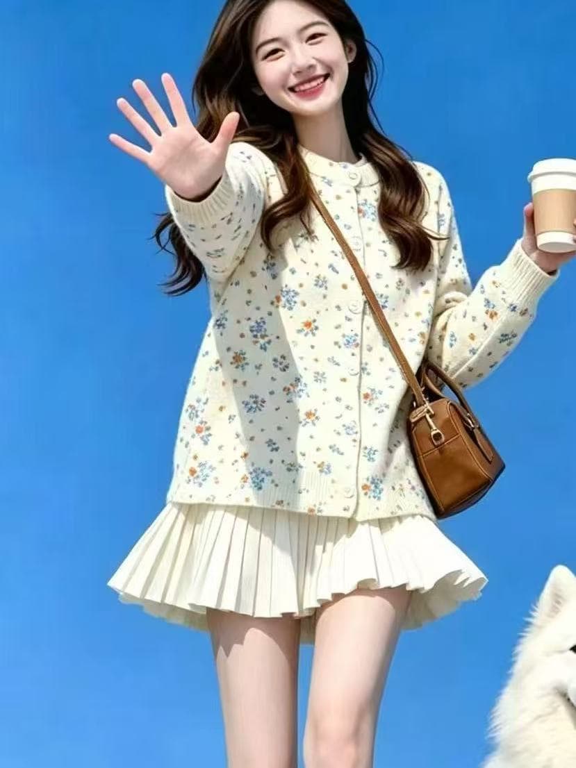 가을 겨울 새로운 달콤함 연령 감소 꽃무늬 프린트 니트 오픈 가디건 부드러운 한 부서 작은 청신 싱글 줄 버튼 스웨터 코트 상세 이미지 3