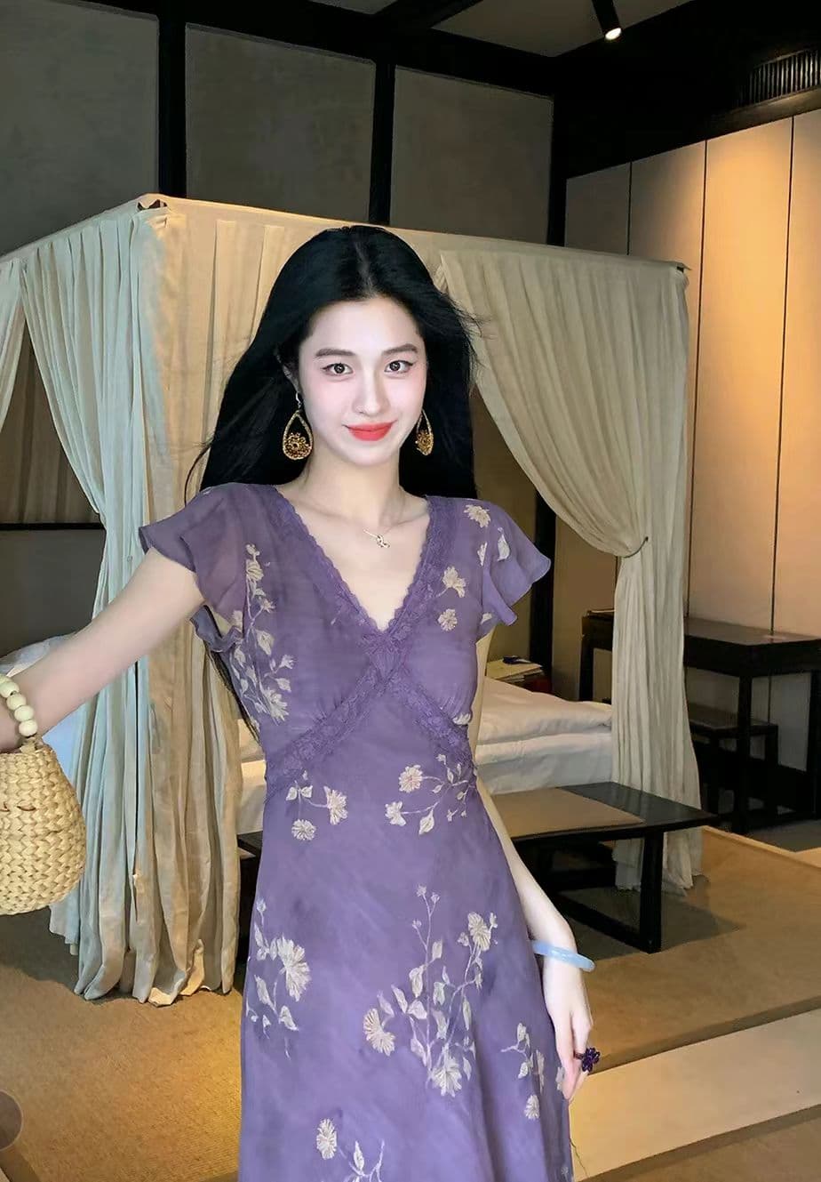 暮 자주색 꽃 법원 프랑스식 꽃무늬 레이스 드레스 몸매 가꾸기 슬림해 보이는 품격 분위기 센스 치마 아이들 상세 이미지 3