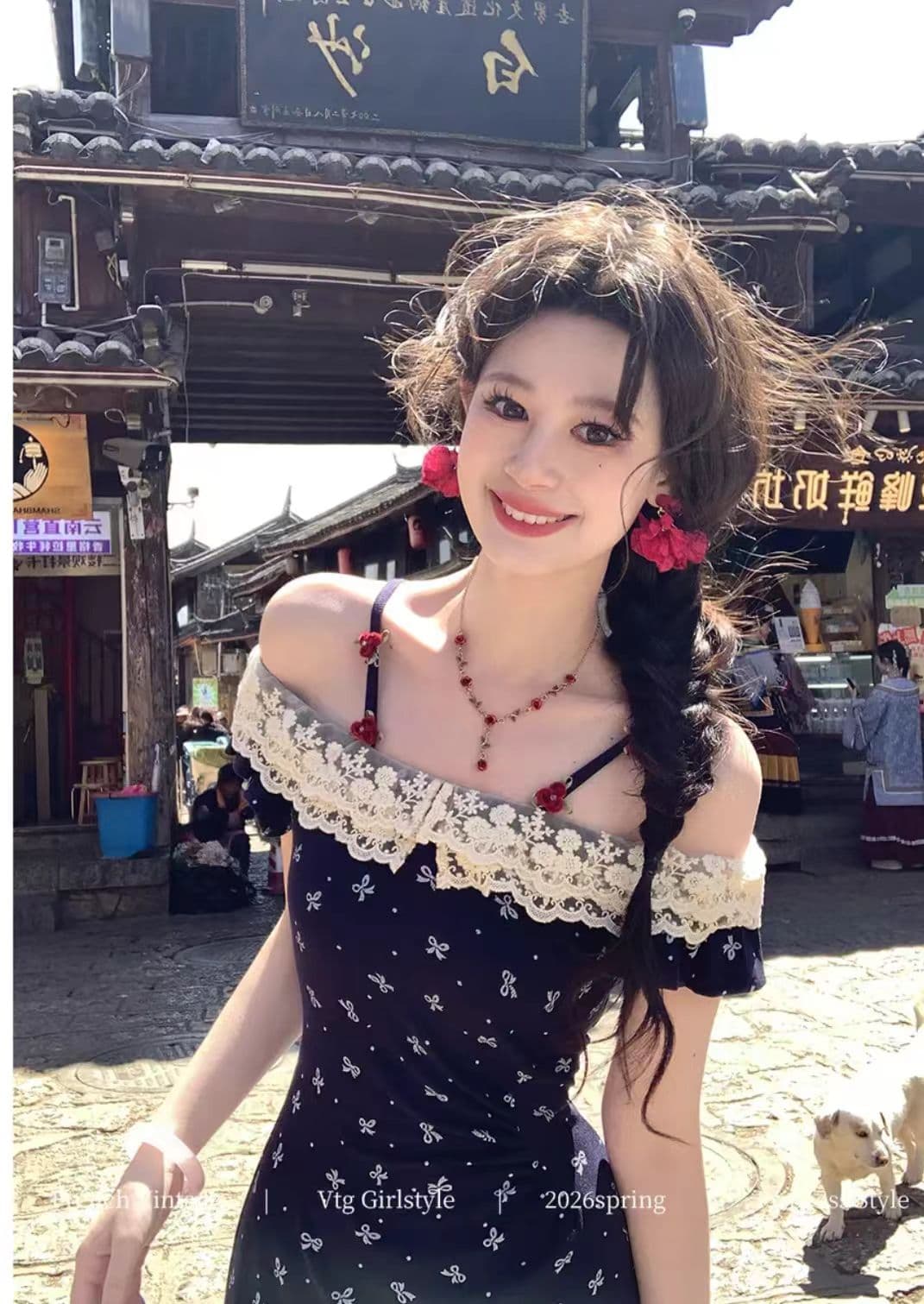 여름 스타일 프랑스식 디자인 센스 연령 감소 프릴 보트넥 니트 꽃무늬 여성 드레스 이미지 2
