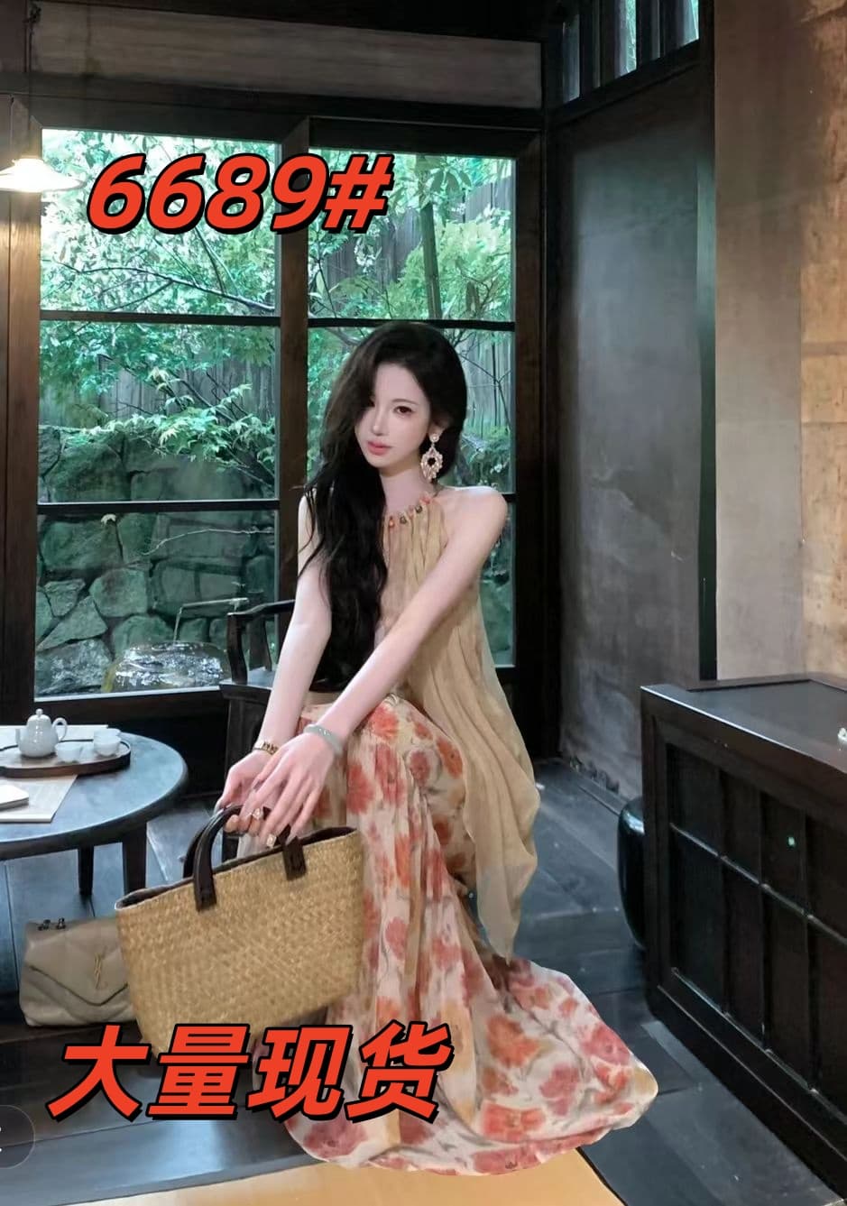 우아한 조 맞춤 손바닥 장미 비즈 행침 목 프린트 페이크 레이어드 드레스 상세 이미지 3
