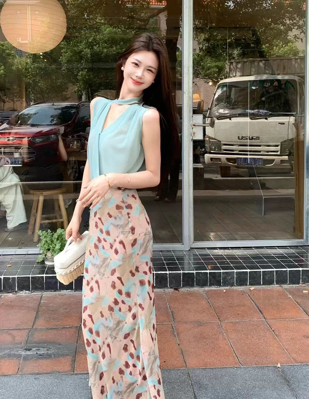 무쯔리 목자이 ~ 중 리 임신 한 비 연애 편지 박하 행침 목 민소매 맨위 헤일로 염색 반신 스커트 부드러운 품격 세트 이미지 4