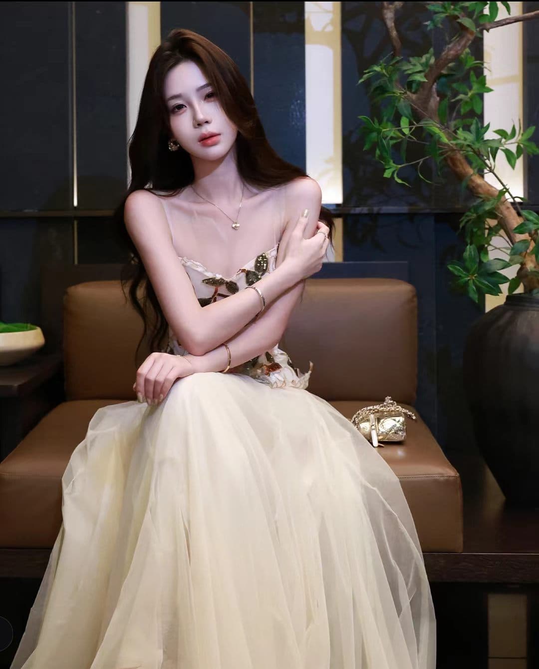무쯔리 목자이 늦게 빛 반사하다 꽃 빛 럭셔리 분위기 센스 패치워크 자수 허리 수축 맨위 망사 반신 치마 세트 상세 이미지 2
