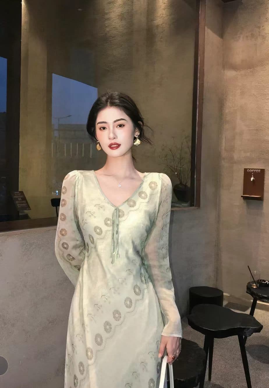 링 茜 거만한 와우 이른 가을 어둠 곡물 프린트 V넥 레이스업 슬림해 보이는 이른 가을 데이트 품격 드레스 이미지 3