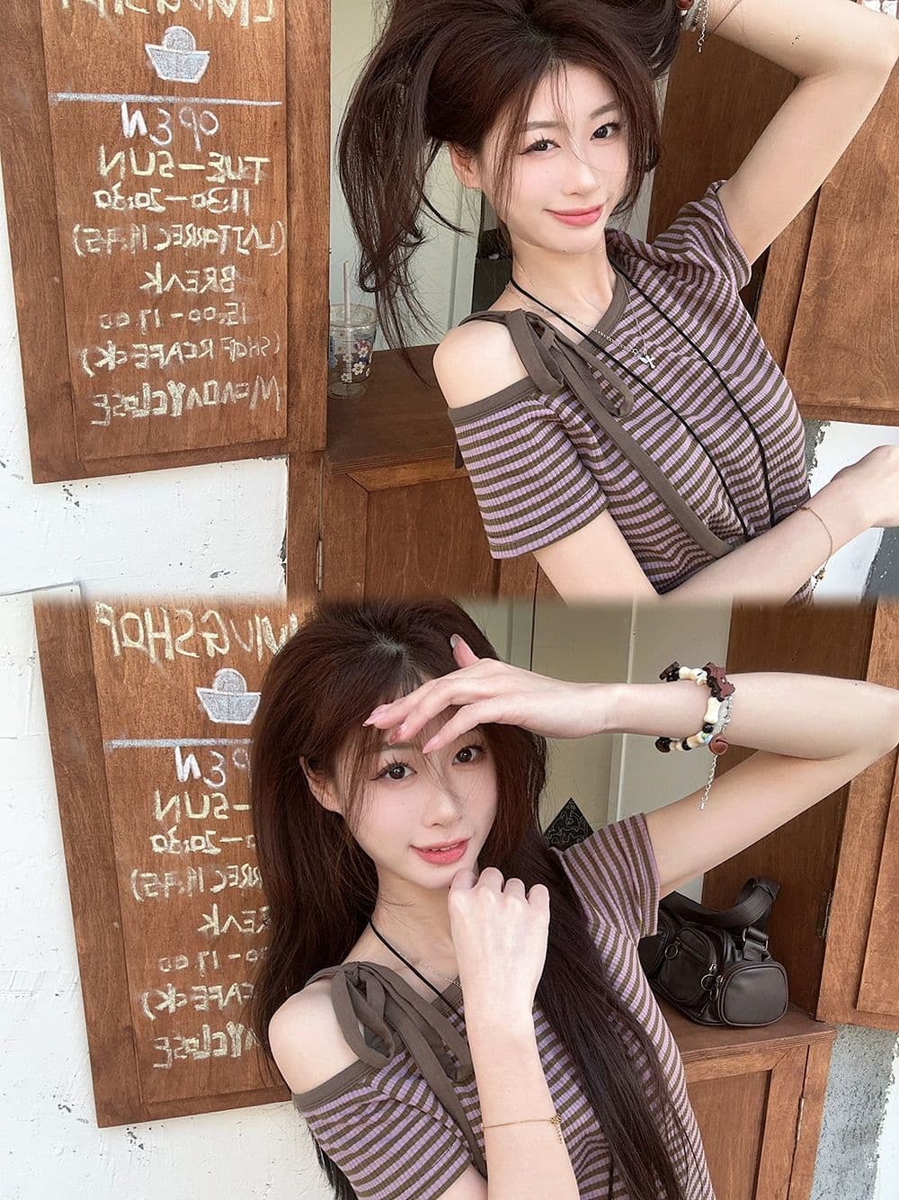 있음 선적 대나무 마디 스트라이프 비스듬한 어깨 반팔 티셔츠 여성 여름 몸매 가꾸기 슬림해 보이는 스트랩 오프숄더 배색 핫걸 맨위 상세 이미지 2