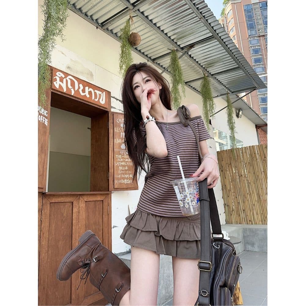 있음 선적 대나무 마디 스트라이프 비스듬한 어깨 반팔 티셔츠 여성 여름 몸매 가꾸기 슬림해 보이는 스트랩 오프숄더 배색 핫걸 맨위 상세 이미지 20