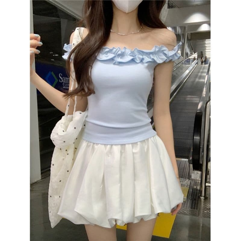 있음 선적 원본 사람들 면 순수한 욕망 바람 오프숄더 프릴 섹시함 티셔츠 여름 몸매 가꾸기 연령 감소 쇼트 스타일 맨위 이미지 3
