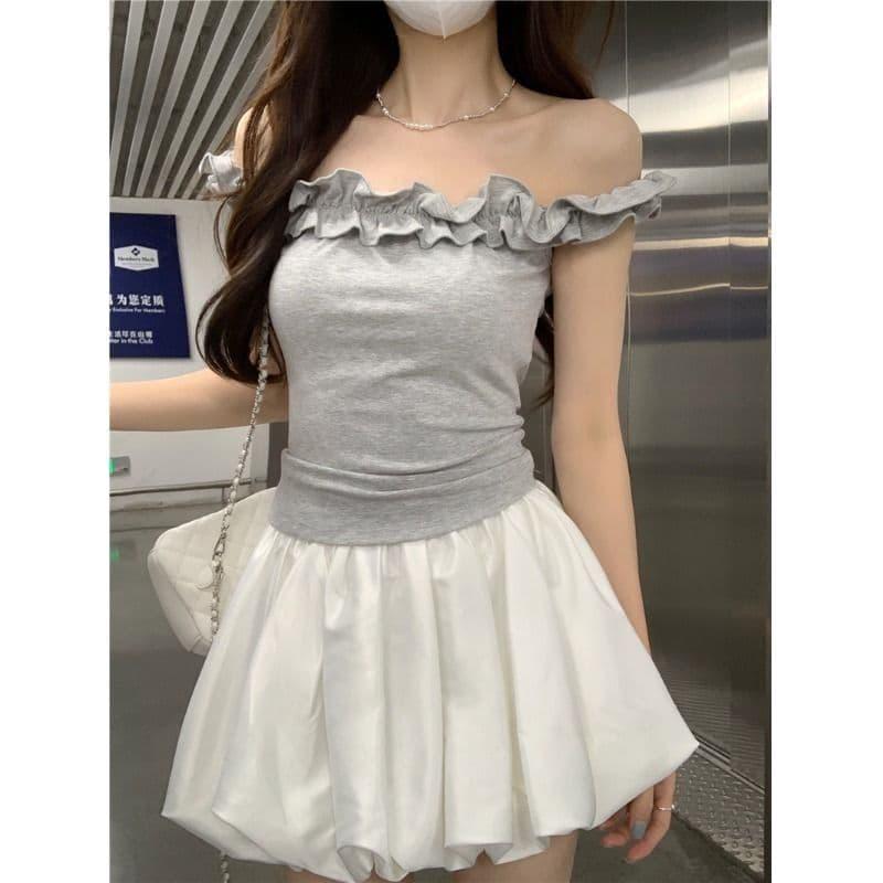 있음 선적 원본 사람들 면 순수한 욕망 바람 오프숄더 프릴 섹시함 티셔츠 여름 몸매 가꾸기 연령 감소 쇼트 스타일 맨위 이미지 4