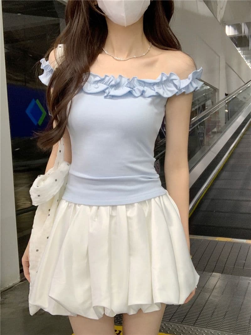 있음 선적 원본 사람들 면 순수한 욕망 바람 오프숄더 프릴 섹시함 티셔츠 여름 몸매 가꾸기 연령 감소 쇼트 스타일 맨위 상세 이미지 4
