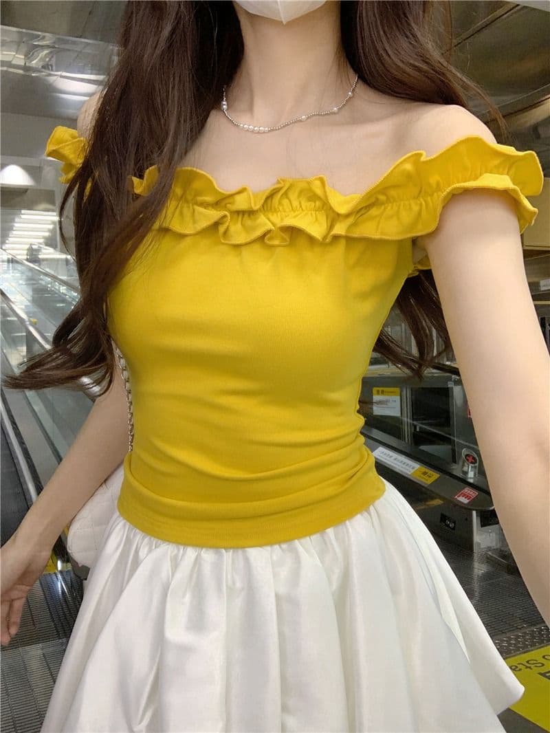 있음 선적 원본 사람들 면 순수한 욕망 바람 오프숄더 프릴 섹시함 티셔츠 여름 몸매 가꾸기 연령 감소 쇼트 스타일 맨위 상세 이미지 7