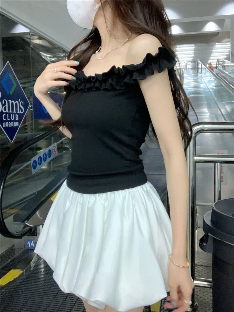 있음 선적 원본 사람들 면 순수한 욕망 바람 오프숄더 프릴 섹시함 티셔츠 여름 몸매 가꾸기 연령 감소 쇼트 스타일 맨위 상세 이미지 14
