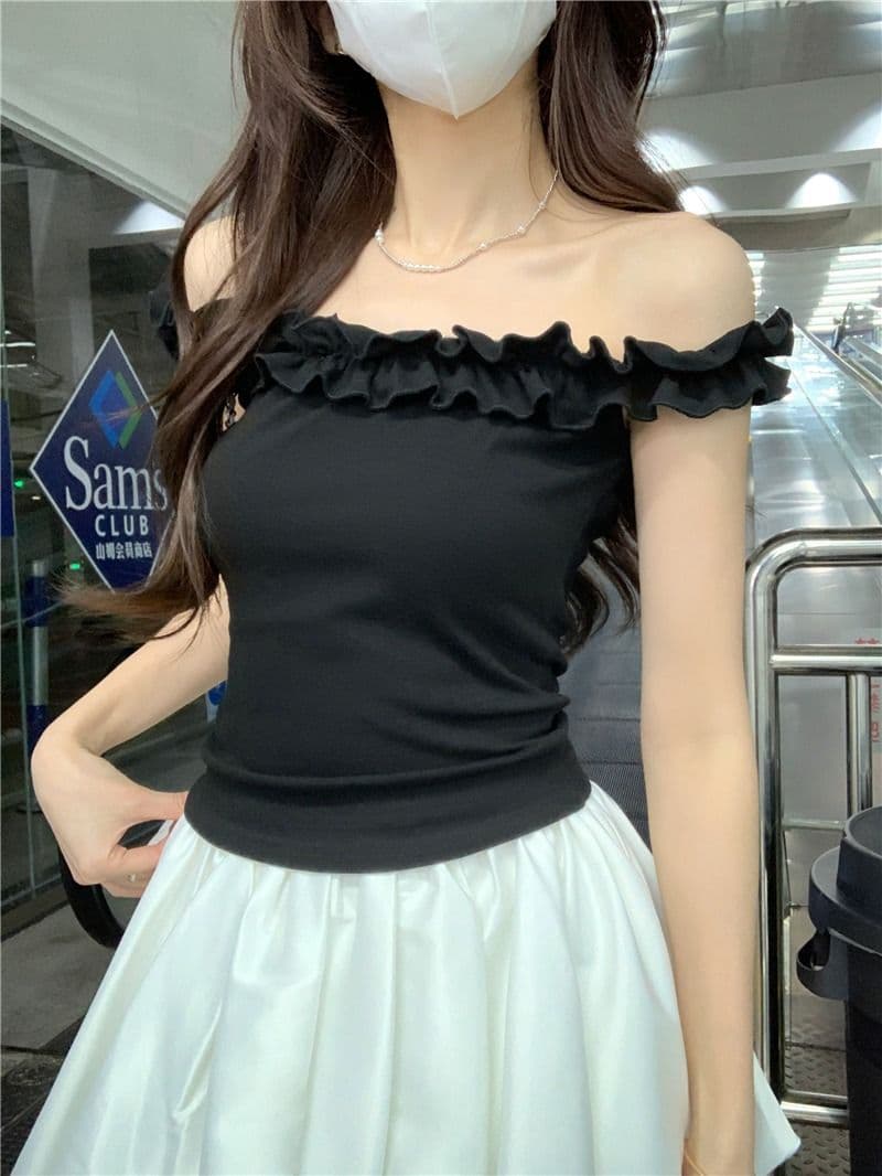 있음 선적 원본 사람들 면 순수한 욕망 바람 오프숄더 프릴 섹시함 티셔츠 여름 몸매 가꾸기 연령 감소 쇼트 스타일 맨위 상세 이미지 16
