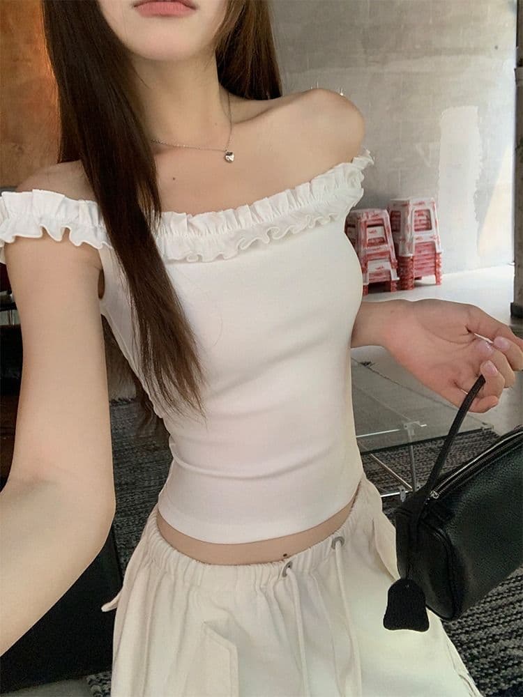 있음 선적 원본 사람들 면 순수한 욕망 바람 오프숄더 프릴 섹시함 티셔츠 여름 몸매 가꾸기 연령 감소 쇼트 스타일 맨위 상세 이미지 18