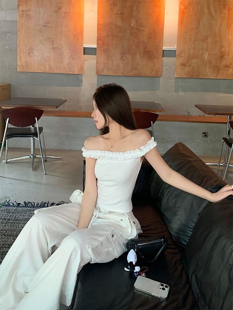 있음 선적 원본 사람들 면 순수한 욕망 바람 오프숄더 프릴 섹시함 티셔츠 여름 몸매 가꾸기 연령 감소 쇼트 스타일 맨위 상세 이미지 19