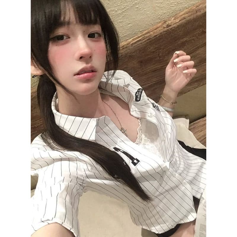 있음 선적 레트로 흑백 줄무늬 긴팔 공 서비스 쇼트 스타일 여성 셔츠 여름 허리 수축 몸매 가꾸기 만나는 맨위 상세 이미지 8