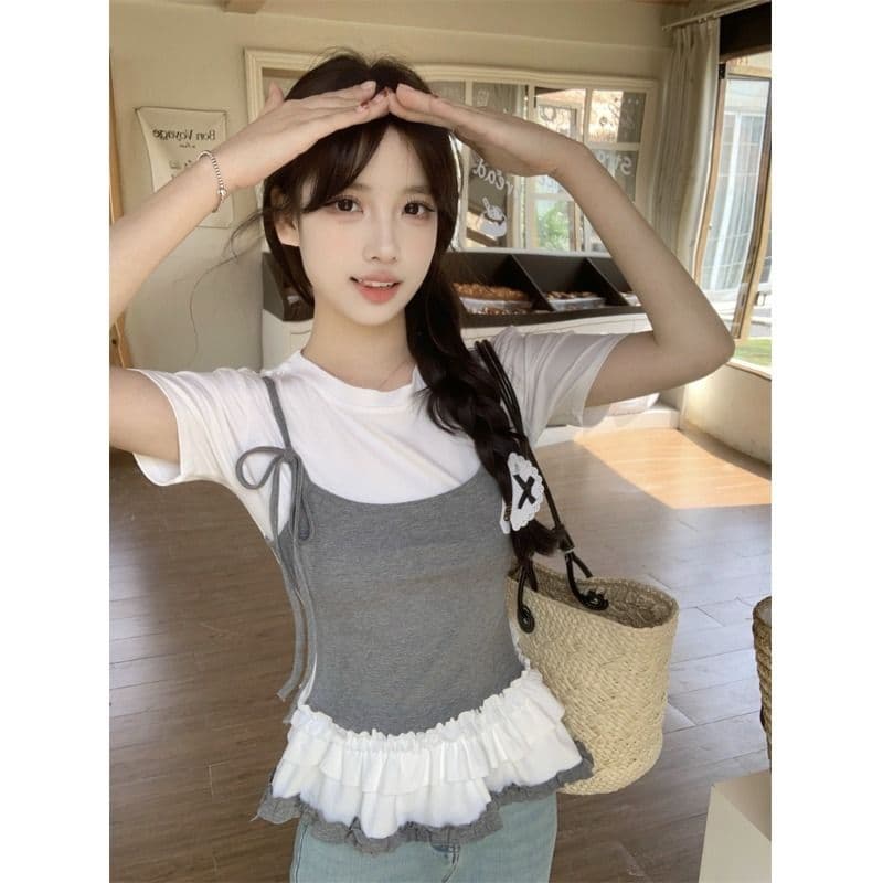 있음 선적 사람들 면 페이크 레이어드 슬립 반팔 티셔츠 여성 여름 지방 mm 슬림해 보이는 동정 달콤한 매운맛 맨위