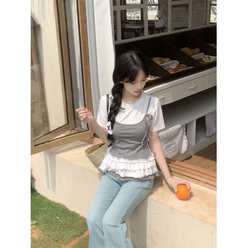 있음 선적 사람들 면 페이크 레이어드 슬립 반팔 티셔츠 여성 여름 지방 mm 슬림해 보이는 동정 달콤한 매운맛 맨위 이미지 3