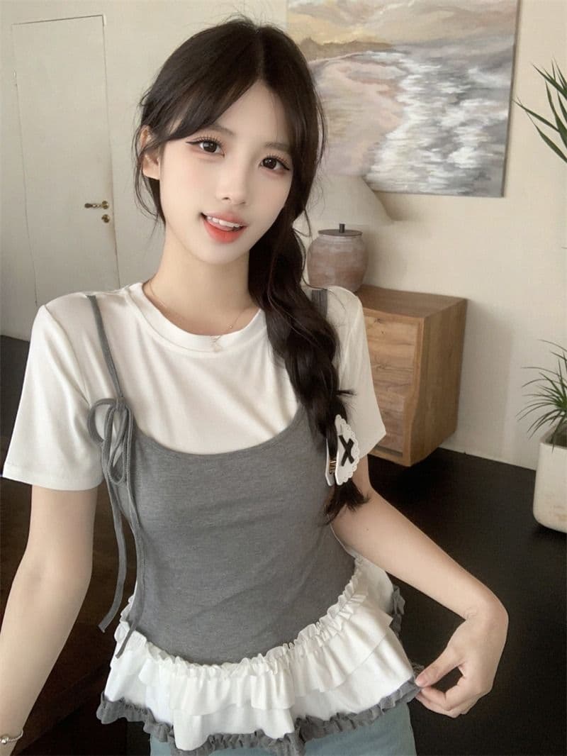 있음 선적 사람들 면 페이크 레이어드 슬립 반팔 티셔츠 여성 여름 지방 mm 슬림해 보이는 동정 달콤한 매운맛 맨위 상세 이미지 2