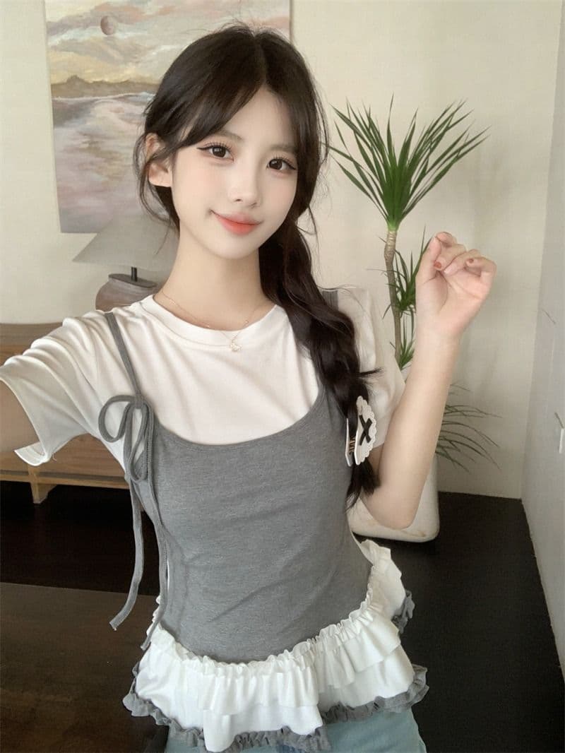 있음 선적 사람들 면 페이크 레이어드 슬립 반팔 티셔츠 여성 여름 지방 mm 슬림해 보이는 동정 달콤한 매운맛 맨위 상세 이미지 3