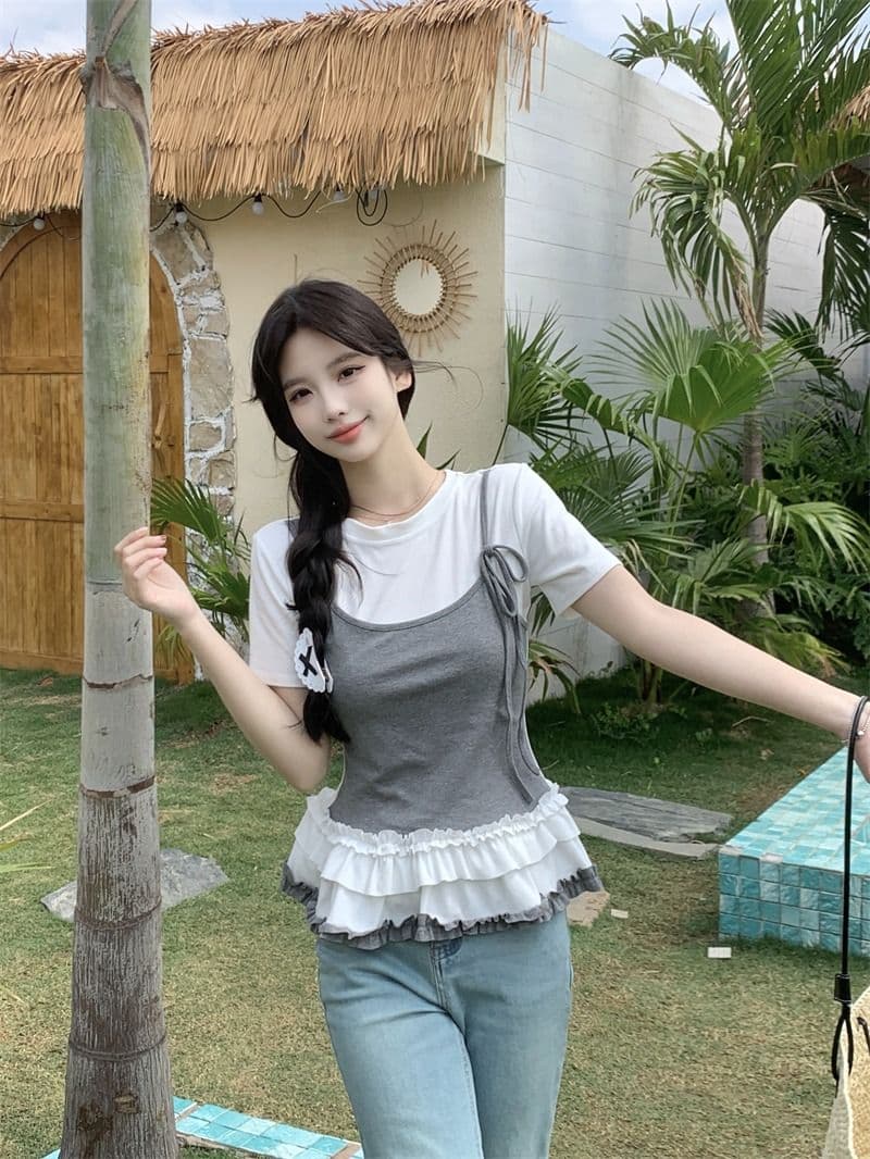 있음 선적 사람들 면 페이크 레이어드 슬립 반팔 티셔츠 여성 여름 지방 mm 슬림해 보이는 동정 달콤한 매운맛 맨위 상세 이미지 4