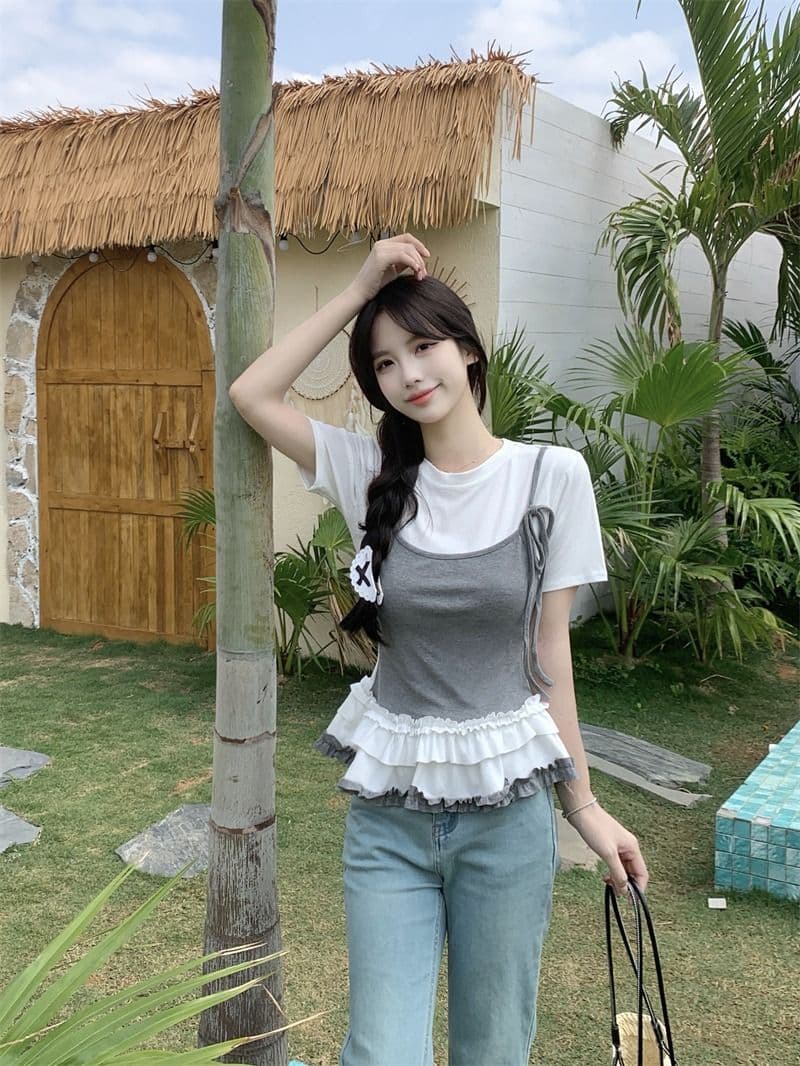 있음 선적 사람들 면 페이크 레이어드 슬립 반팔 티셔츠 여성 여름 지방 mm 슬림해 보이는 동정 달콤한 매운맛 맨위 상세 이미지 5