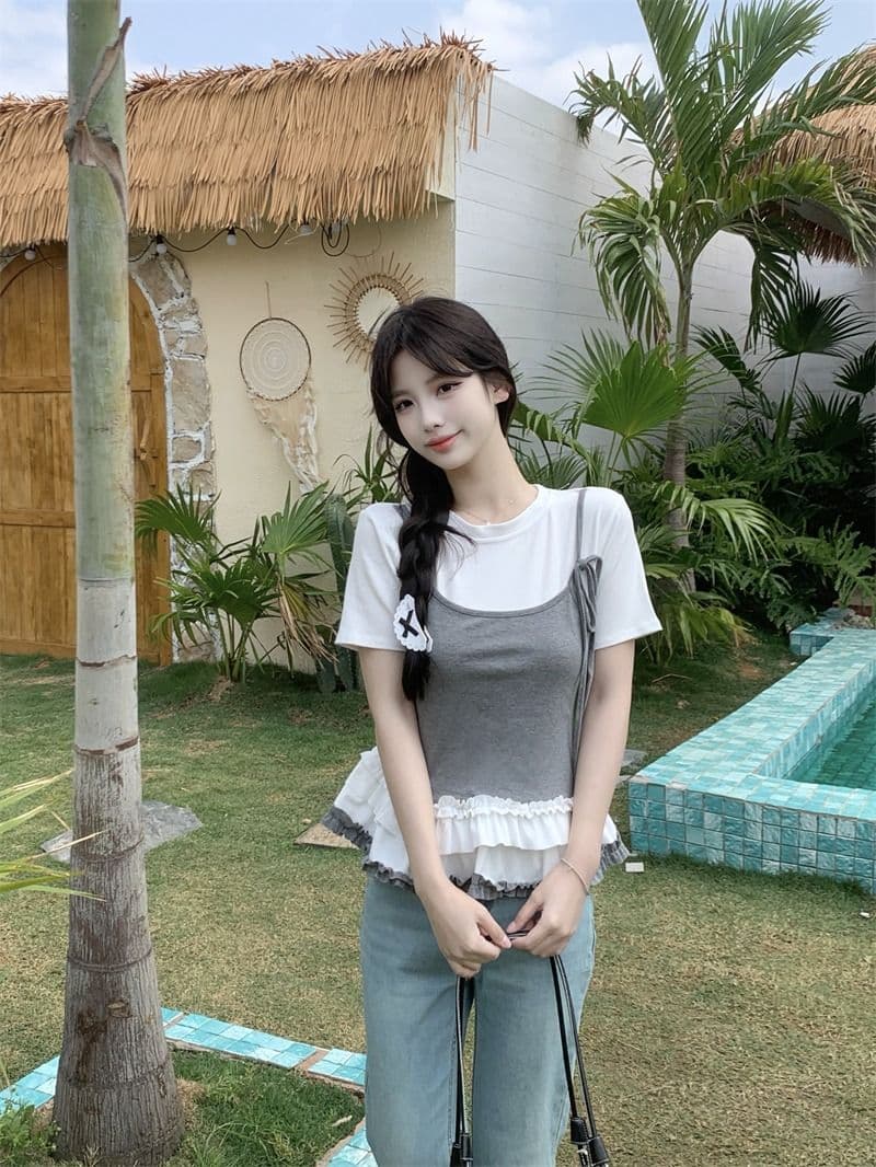 있음 선적 사람들 면 페이크 레이어드 슬립 반팔 티셔츠 여성 여름 지방 mm 슬림해 보이는 동정 달콤한 매운맛 맨위 상세 이미지 6