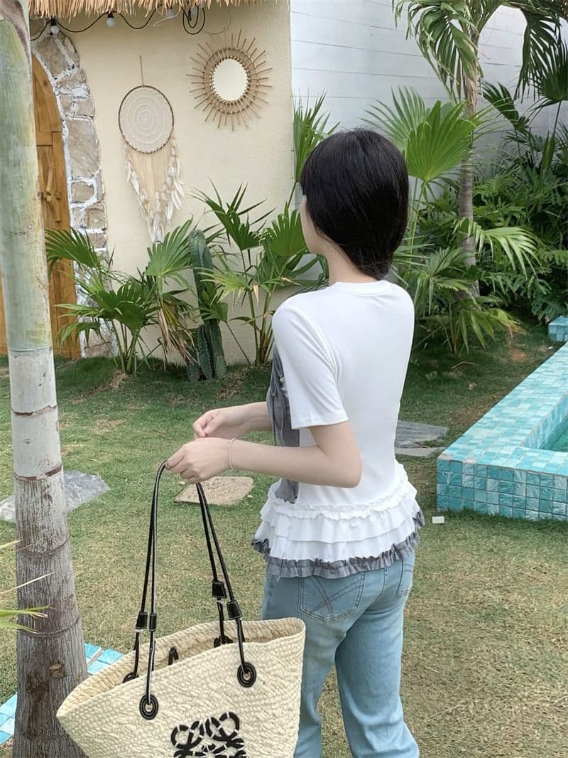 있음 선적 사람들 면 페이크 레이어드 슬립 반팔 티셔츠 여성 여름 지방 mm 슬림해 보이는 동정 달콤한 매운맛 맨위 상세 이미지 7