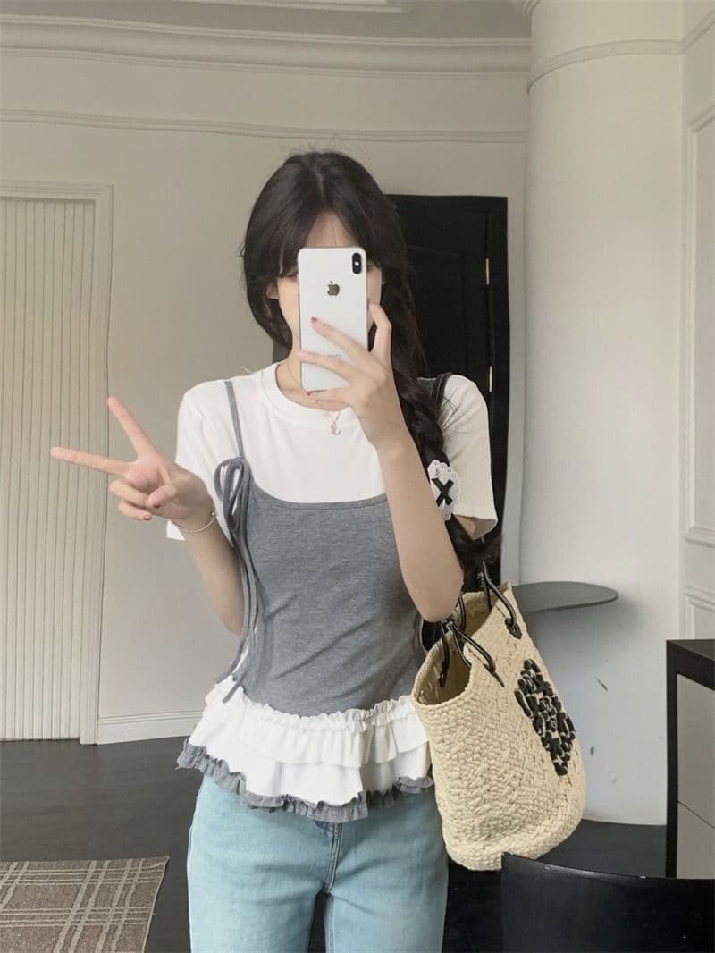 있음 선적 사람들 면 페이크 레이어드 슬립 반팔 티셔츠 여성 여름 지방 mm 슬림해 보이는 동정 달콤한 매운맛 맨위 상세 이미지 8