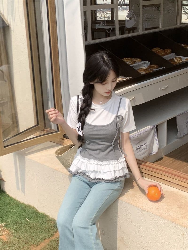 있음 선적 사람들 면 페이크 레이어드 슬립 반팔 티셔츠 여성 여름 지방 mm 슬림해 보이는 동정 달콤한 매운맛 맨위 상세 이미지 9
