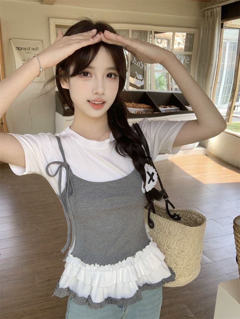 있음 선적 사람들 면 페이크 레이어드 슬립 반팔 티셔츠 여성 여름 지방 mm 슬림해 보이는 동정 달콤한 매운맛 맨위 상세 이미지 11