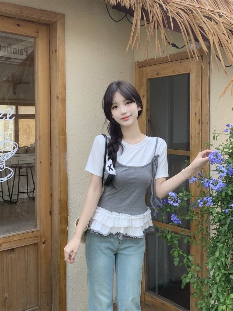 있음 선적 사람들 면 페이크 레이어드 슬립 반팔 티셔츠 여성 여름 지방 mm 슬림해 보이는 동정 달콤한 매운맛 맨위 상세 이미지 12