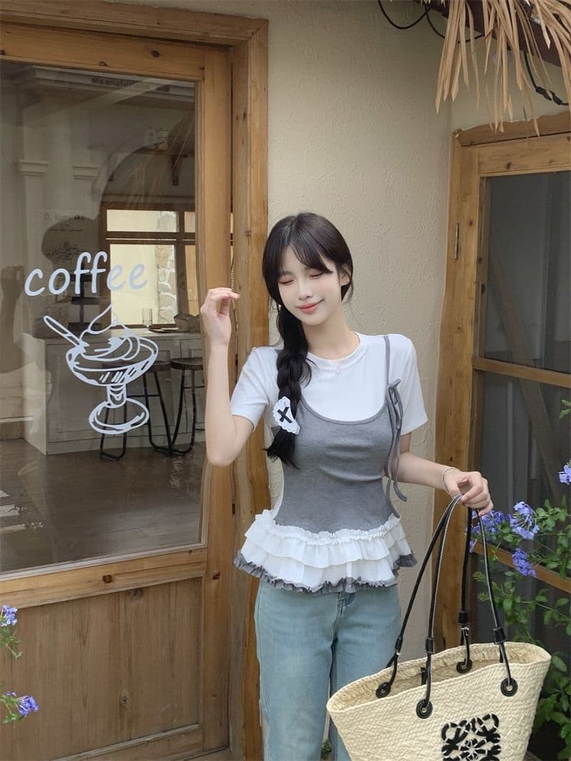 있음 선적 사람들 면 페이크 레이어드 슬립 반팔 티셔츠 여성 여름 지방 mm 슬림해 보이는 동정 달콤한 매운맛 맨위 상세 이미지 13