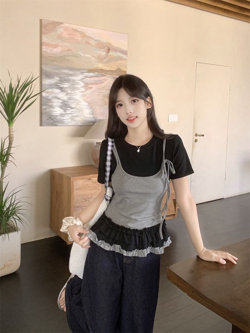 있음 선적 사람들 면 페이크 레이어드 슬립 반팔 티셔츠 여성 여름 지방 mm 슬림해 보이는 동정 달콤한 매운맛 맨위 상세 이미지 14