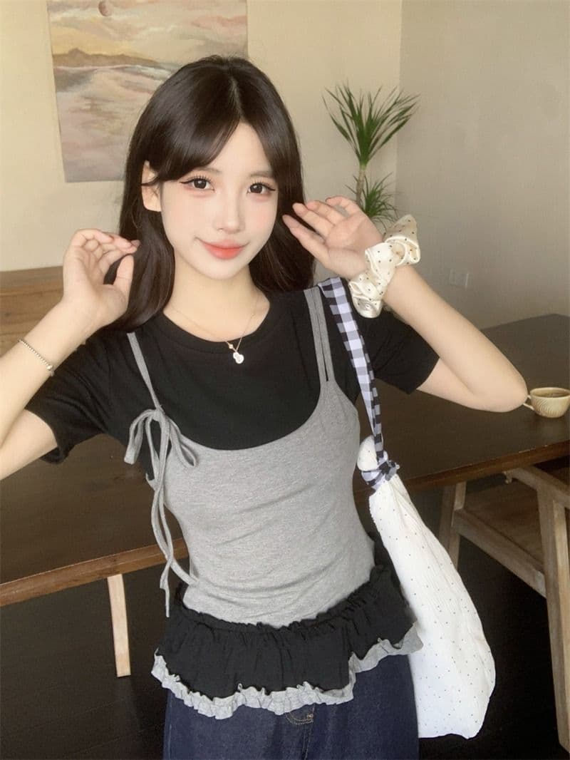 있음 선적 사람들 면 페이크 레이어드 슬립 반팔 티셔츠 여성 여름 지방 mm 슬림해 보이는 동정 달콤한 매운맛 맨위 상세 이미지 15