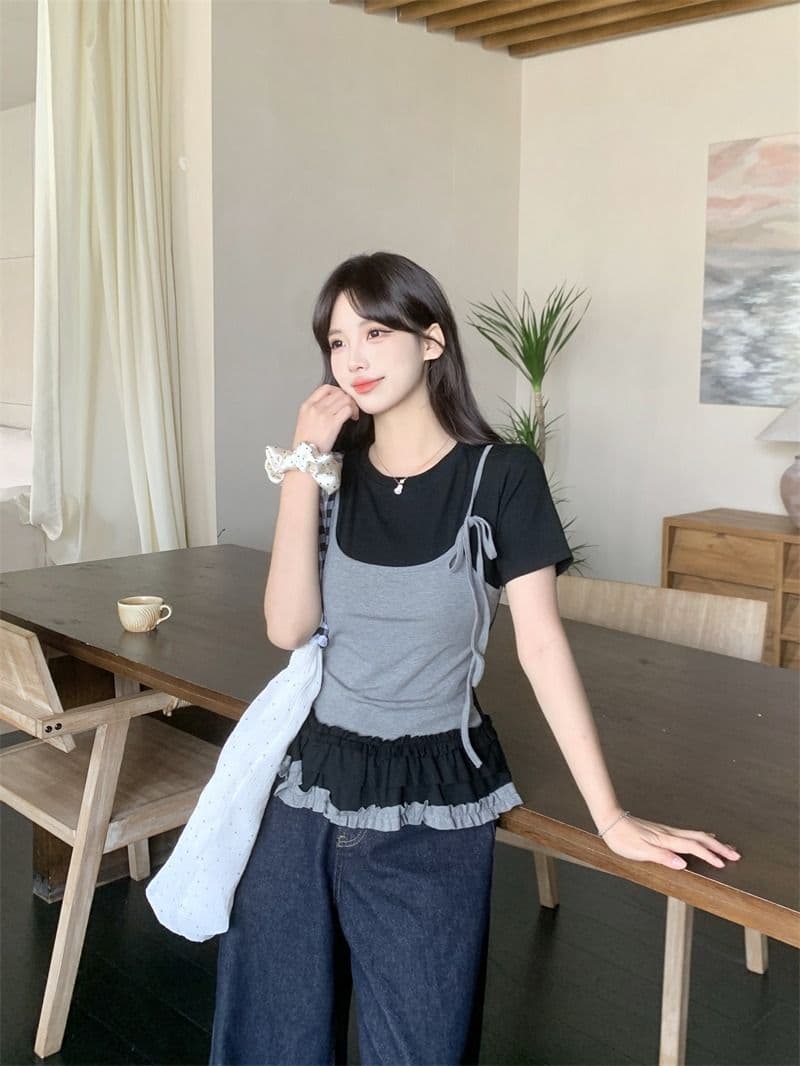 있음 선적 사람들 면 페이크 레이어드 슬립 반팔 티셔츠 여성 여름 지방 mm 슬림해 보이는 동정 달콤한 매운맛 맨위 상세 이미지 16