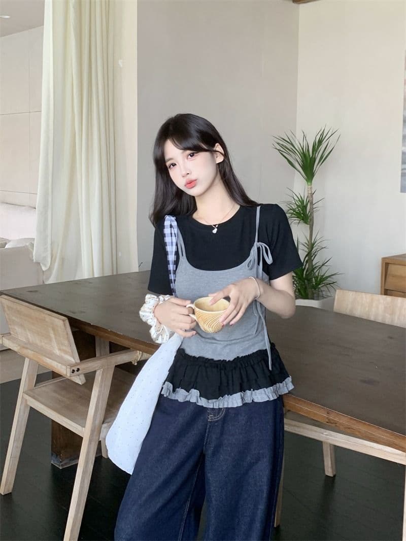있음 선적 사람들 면 페이크 레이어드 슬립 반팔 티셔츠 여성 여름 지방 mm 슬림해 보이는 동정 달콤한 매운맛 맨위 상세 이미지 17