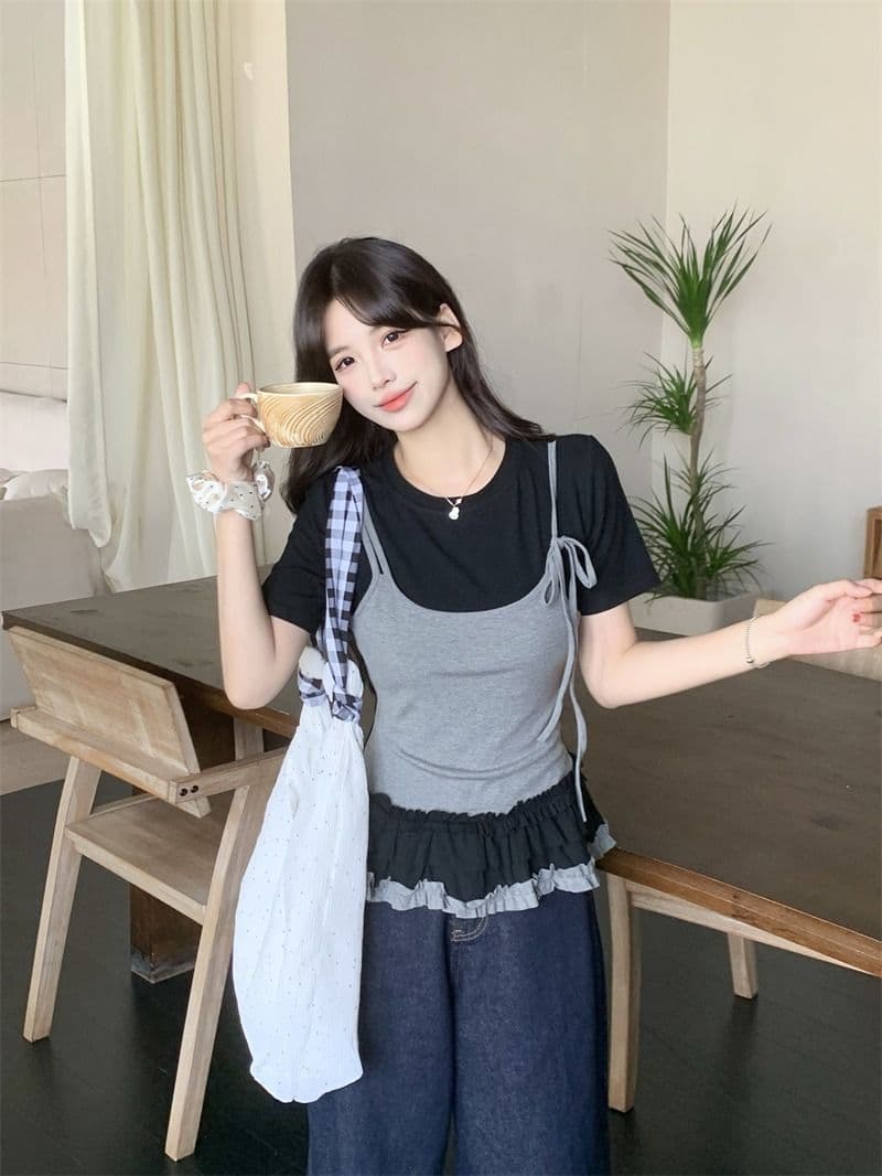있음 선적 사람들 면 페이크 레이어드 슬립 반팔 티셔츠 여성 여름 지방 mm 슬림해 보이는 동정 달콤한 매운맛 맨위 상세 이미지 18