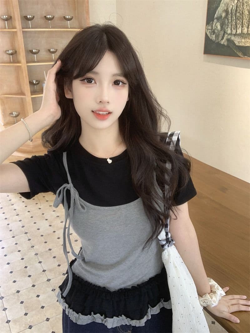 있음 선적 사람들 면 페이크 레이어드 슬립 반팔 티셔츠 여성 여름 지방 mm 슬림해 보이는 동정 달콤한 매운맛 맨위 상세 이미지 20