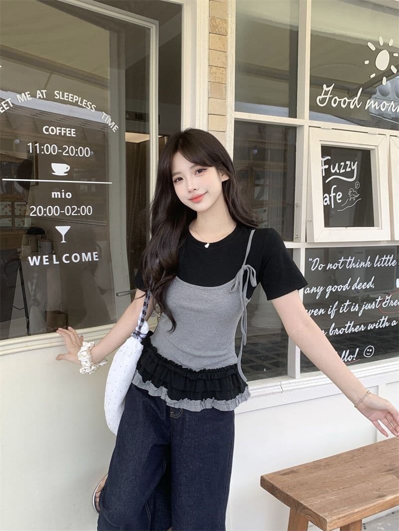 있음 선적 사람들 면 페이크 레이어드 슬립 반팔 티셔츠 여성 여름 지방 mm 슬림해 보이는 동정 달콤한 매운맛 맨위 상세 이미지 21